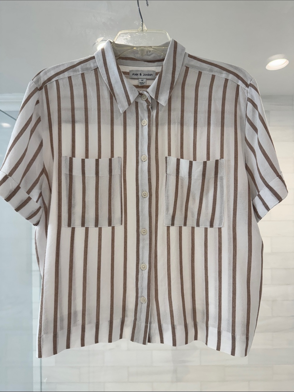 White and Brown Striped Short-Sleeve Button-Up Shirt